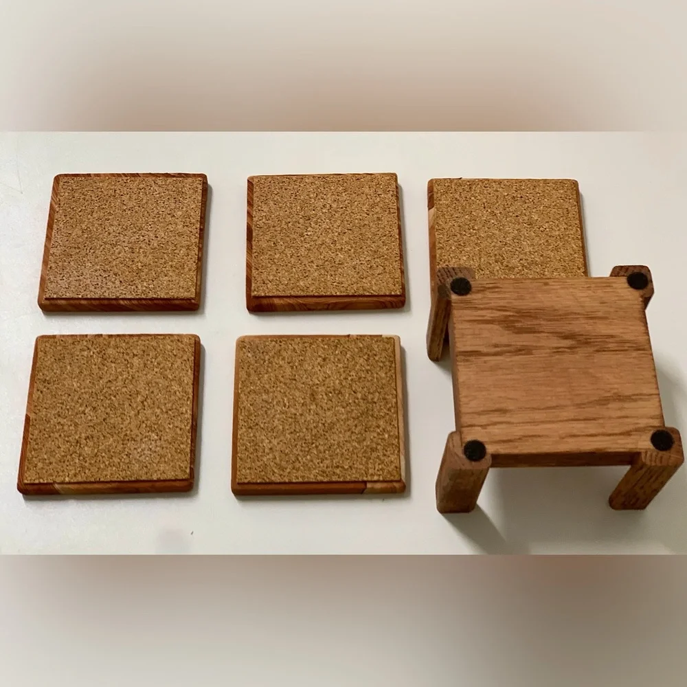 Vtg Set of 5 Evergreen Tree Engraved Marbled Sandstone Cork Lined Drink Coasters